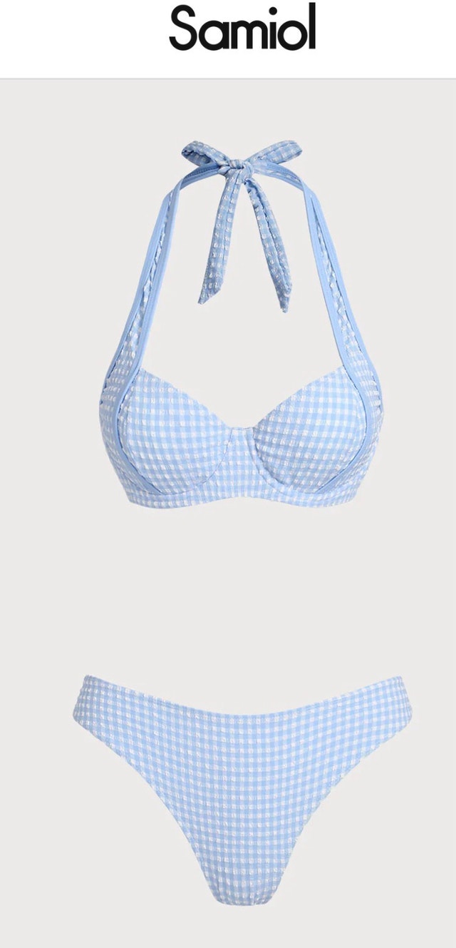 Light Blue Jacquard Plaid Vintage Bikini Set-Size S - photo 3