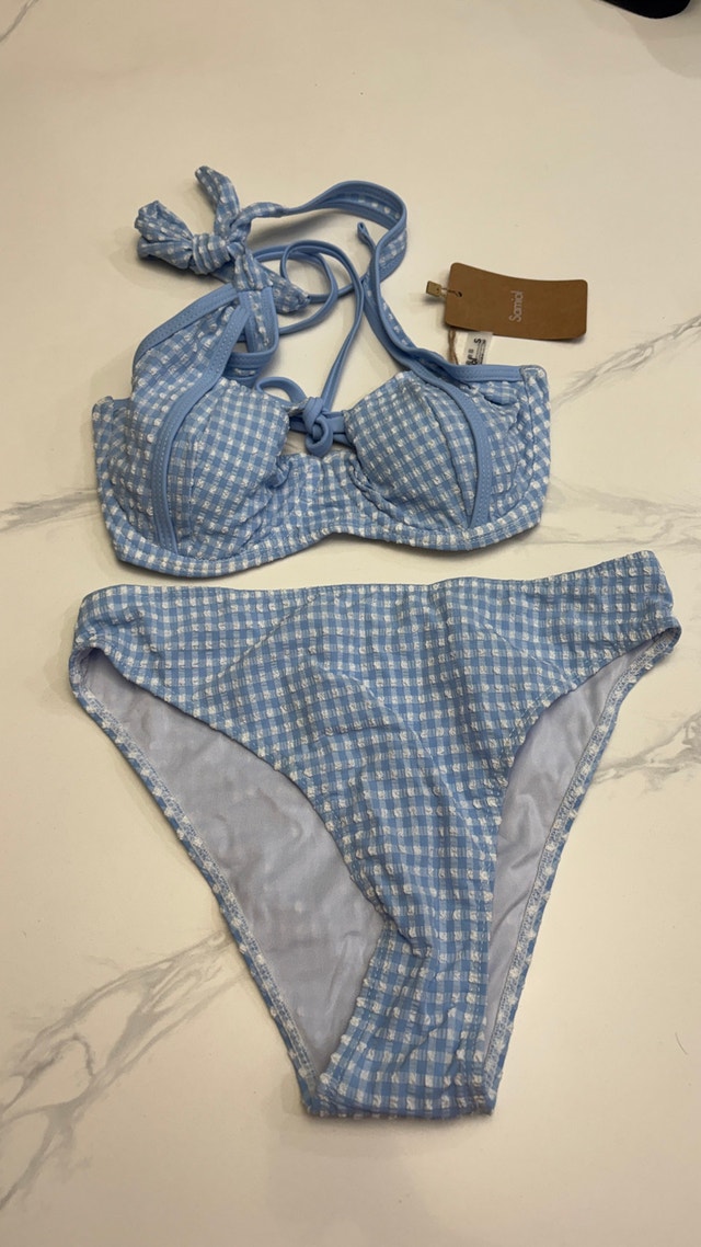 Light Blue Jacquard Plaid Vintage Bikini Set-Size S - photo 4