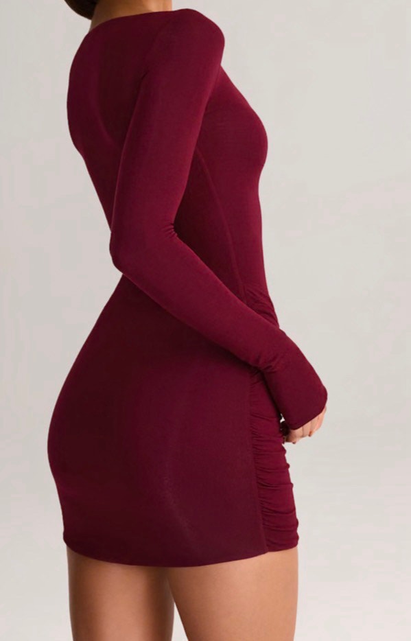 Modal Boat-Neck Draped Long-Sleeve Mini Dress in Wine-Size M - photo 2