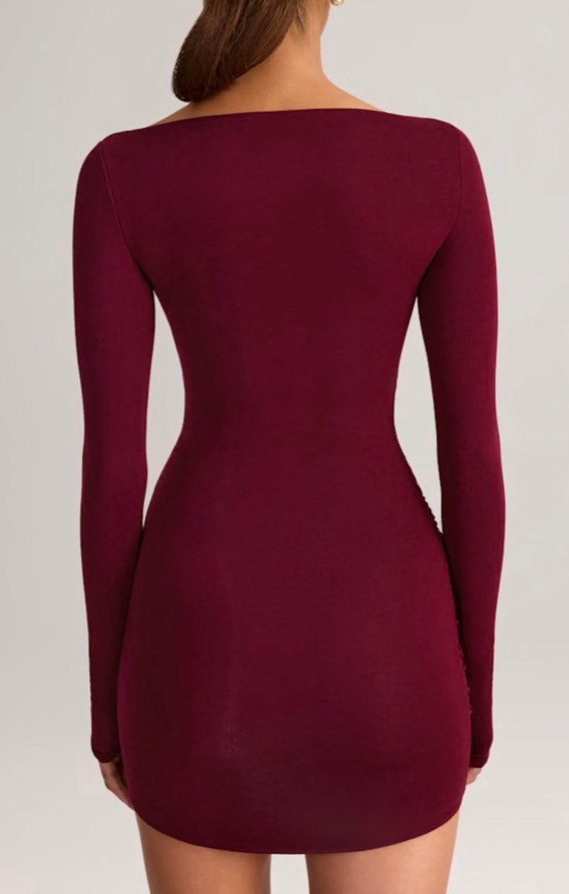 Modal Boat-Neck Draped Long-Sleeve Mini Dress in Wine-Size M - photo 3