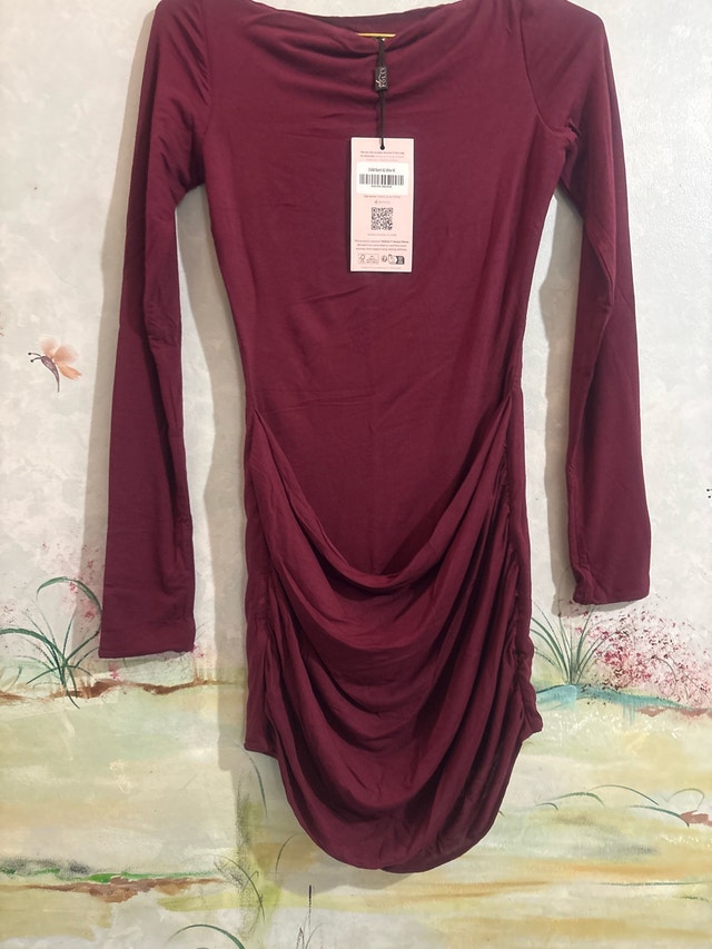 Modal Boat-Neck Draped Long-Sleeve Mini Dress in Wine-Size M - photo 5