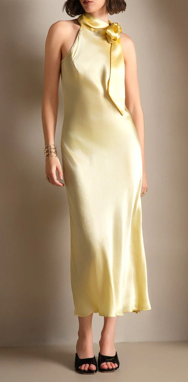 Silk Sleeveless Tie Neck Midi Dress-Size S