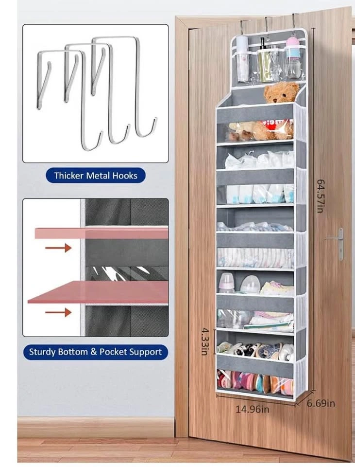 Over the door organizer with 5 large pockets, grey