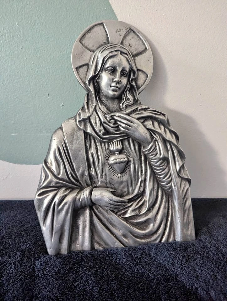 Vintage Silver Metal Immaculate Heart of Mary Wall Plaque