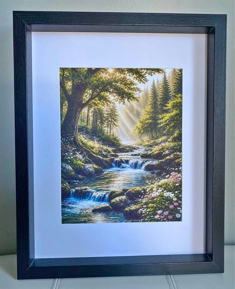 Framed Peaceful Forest Stream Wall Art – Nature Landscape Print