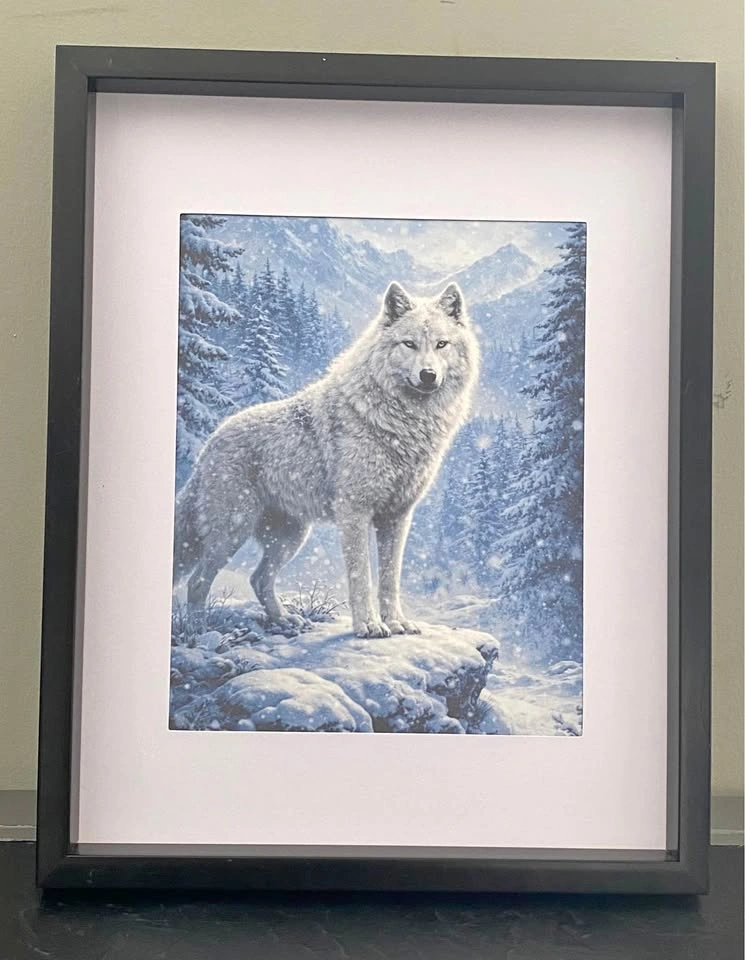 Framed White Wolf Wall Art 15x12 |  Mountain Wildlife Decor