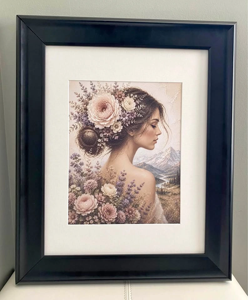 🌿 Framed Floral Mountain Lady Art 🌿 14x17”