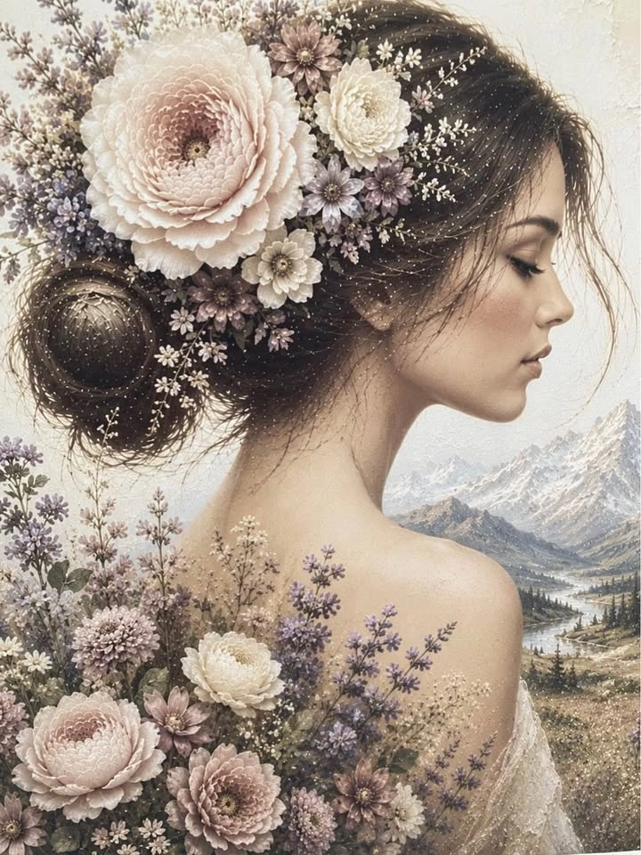 🌿 Framed Floral Mountain Lady Art 🌿 14x17” - photo 2