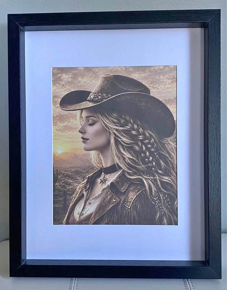 Framed Western Cowgirl Wall Art | 12” x 15” | Rustic Country