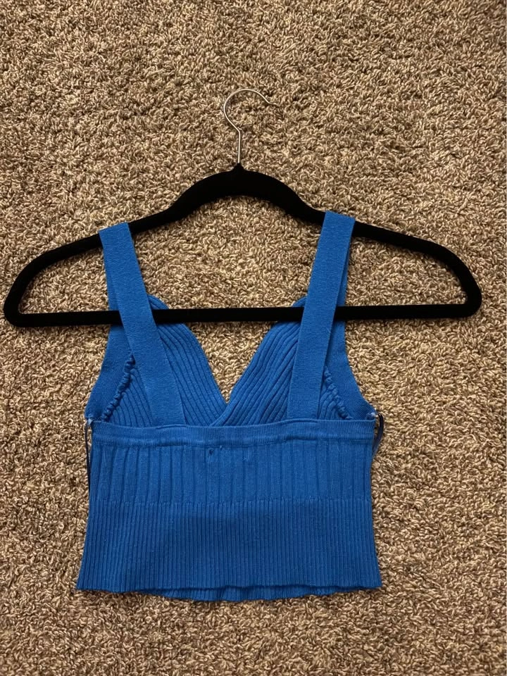 debut Bright Blue Ribbed V-Wrap Cropped Tank - S/M - photo 2