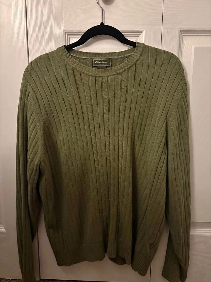 Eddie Bauer Olive Cable-Front Crewneck Sweater - Men