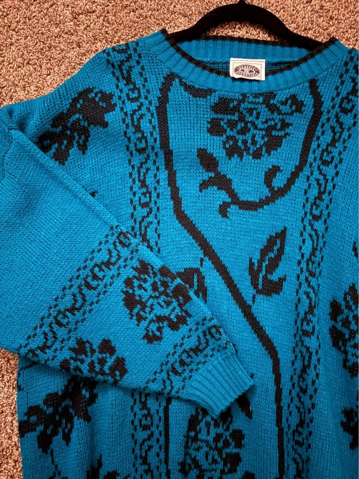 Teal Floral Crewneck Sweater - Women's Relaxed Knit - L/XL - photo 4