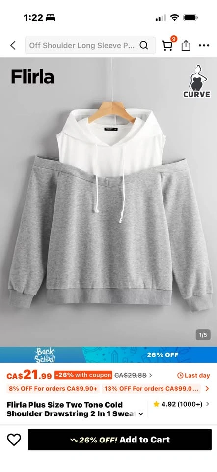 Brand New Plus Size Cold Shoulder Hoodie | 4XL | Grey & White - photo 3