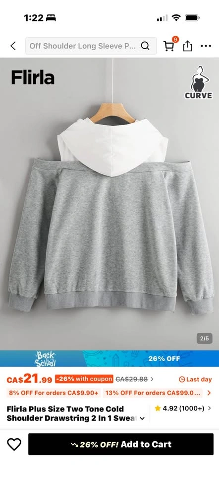 Brand New Plus Size Cold Shoulder Hoodie | 4XL | Grey & White - photo 4