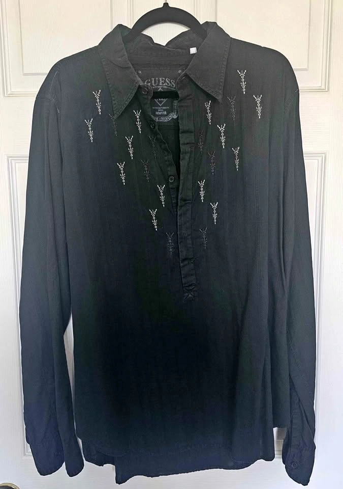 GUESS Men's Black Embroidered Pullover Long Sleeve Shirt - Size