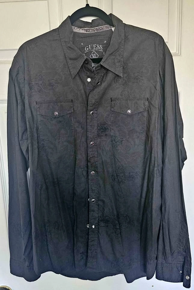 GUESS Men's Black Western Pearl Snap Long Sleeve Shirt - Size XL
