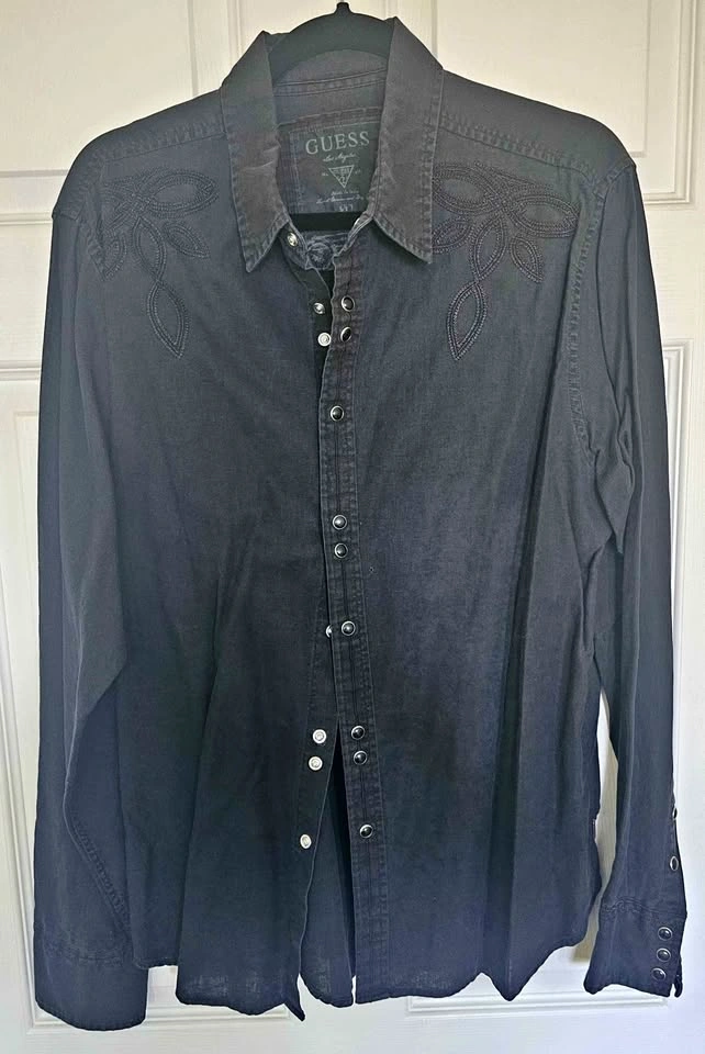 GUESS Men's Black Linen Blend Embroidered Long Sleeve Shirt - Si