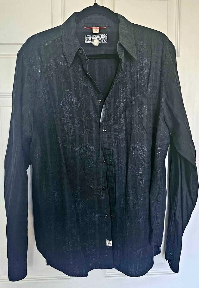 GUESS Company Men's Black Tonal Floral Print Long Sleeve Shirt