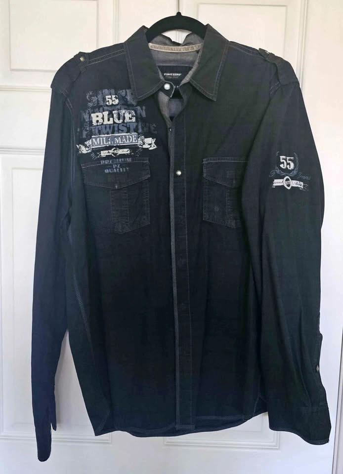 POINT ZERO Men's Black Military Graphic Long Sleeve Shirt - Size