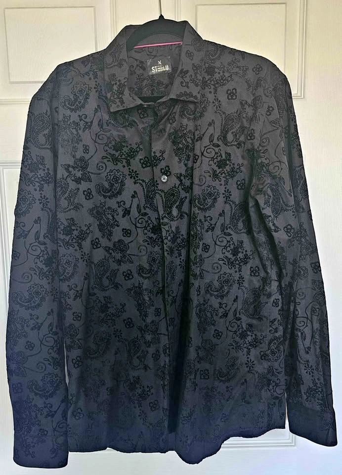 STEELO Men's Black Flocked Paisley Velvet Long Sleeve Shirt - Si