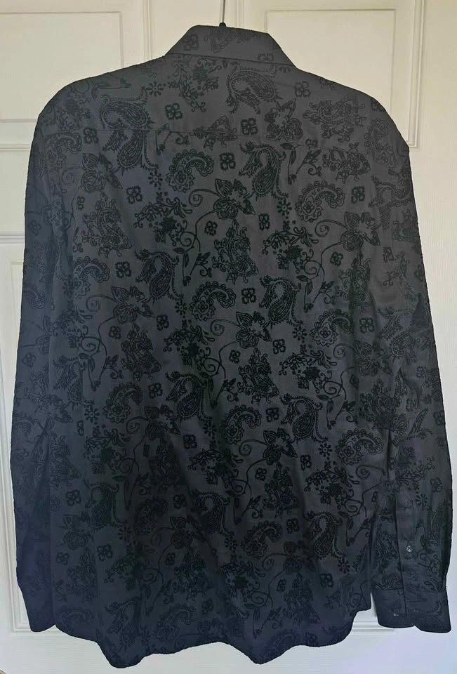 STEELO Men's Black Flocked Paisley Velvet Long Sleeve Shirt - Si - photo 2