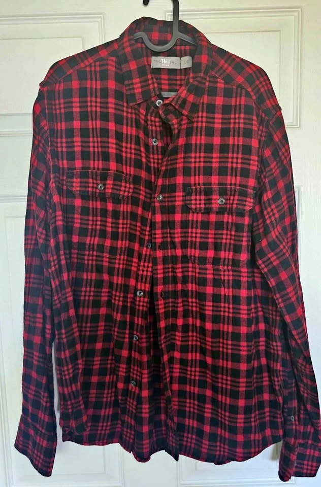 T-N-L MODE Men's Red and Black Plaid Long Sleeve Flannel Shirt -