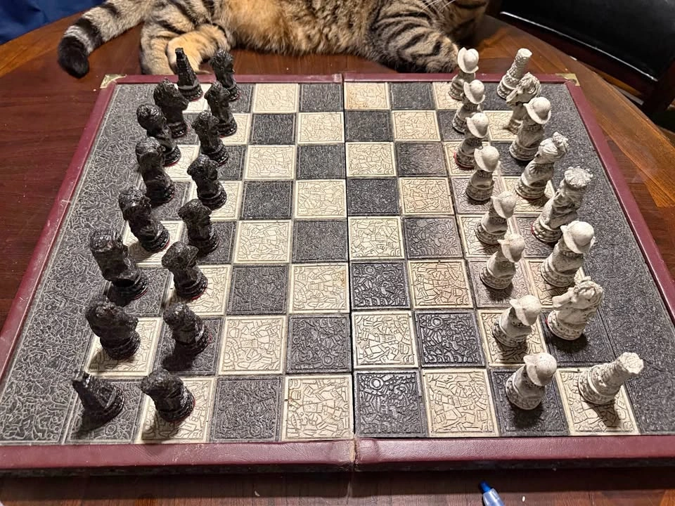 Vintage Sculpted Resin Chess & Backgammon Set