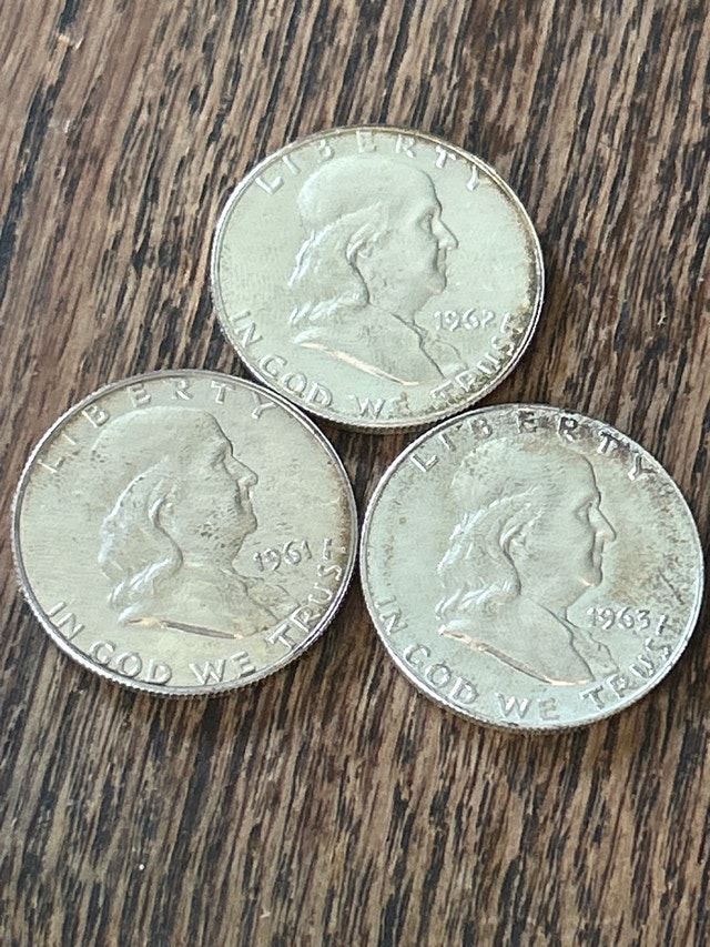 1961 ‘62 ‘63 US Franklin Half Dollars 90% 12.5g Each