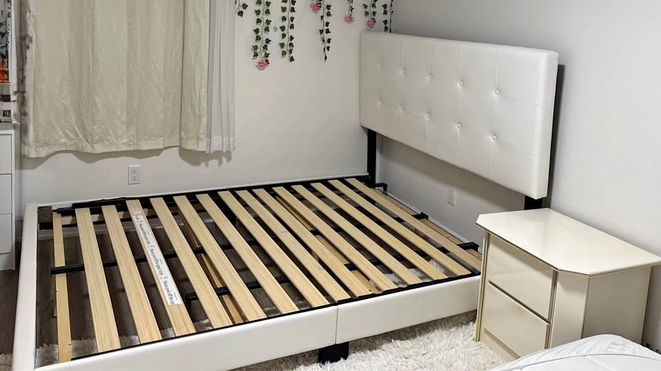 White Queen Upholstered Bed Frame – Like New + FREE Nightstand