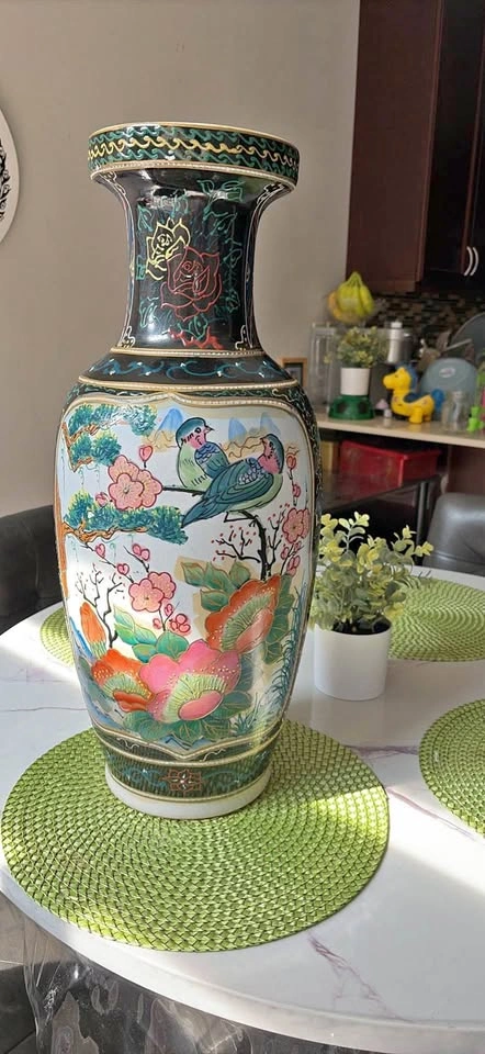 Large Chinese Style Ceramic Floor Vase with Bird and Floral Moti