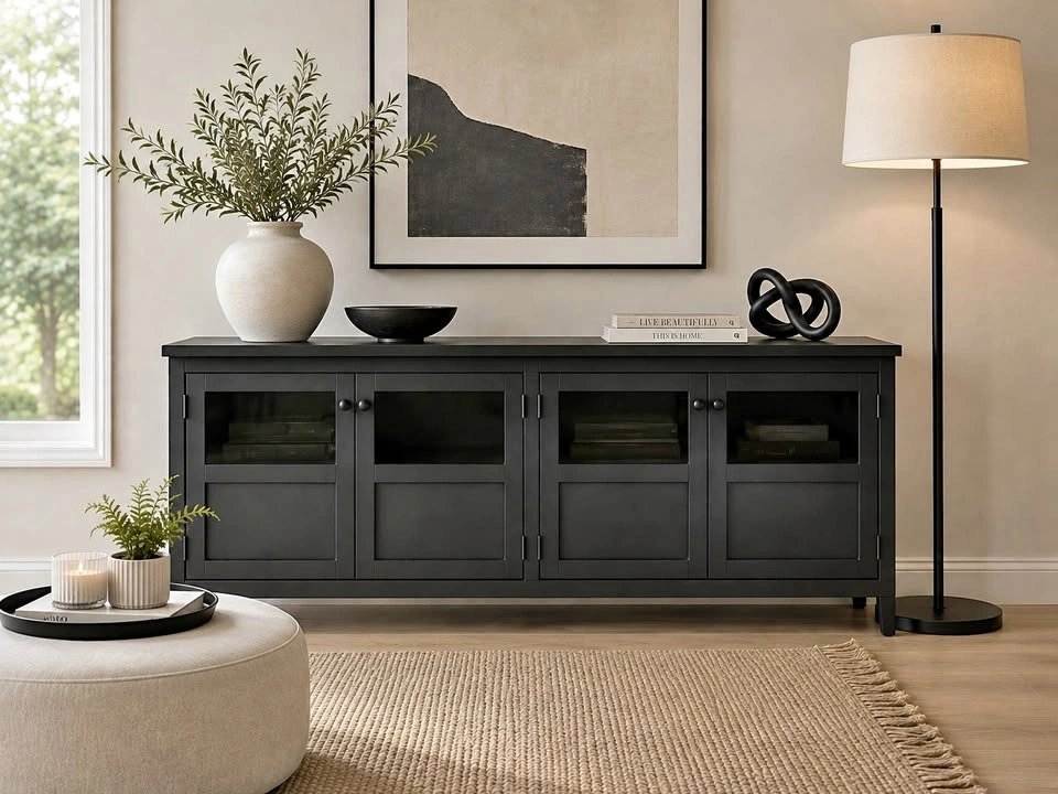 MOE'S HENRY BLACK METAL & GLASS SIDEBOARD / MEDIA CABINET
