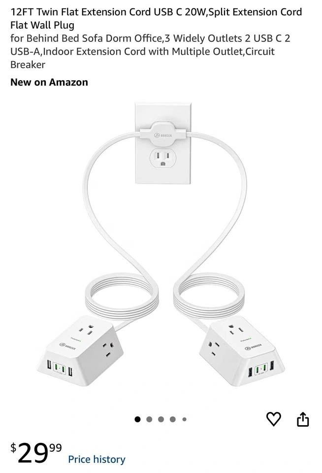 12FT Twin Flat Extension Cord USB C 20W