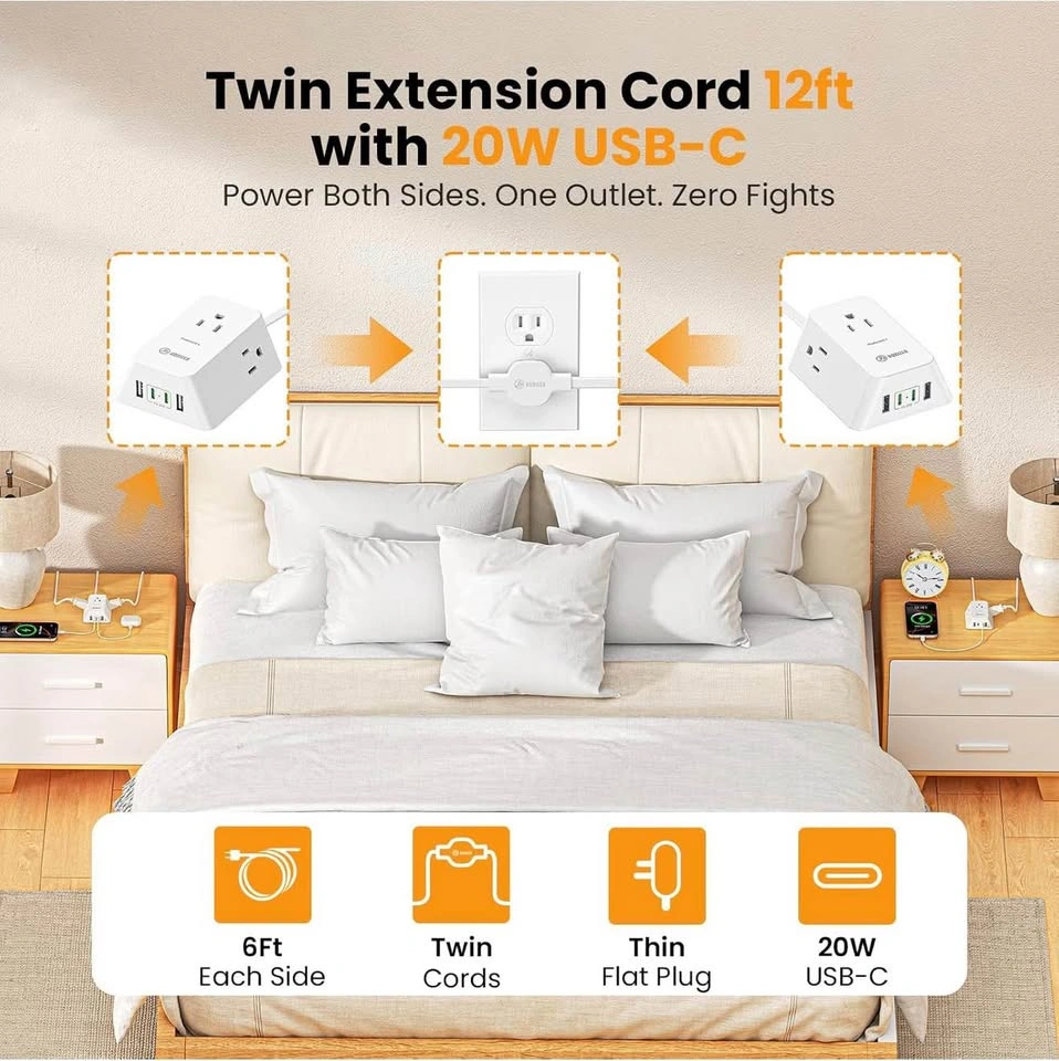 12FT Twin Flat Extension Cord USB C 20W - photo 2