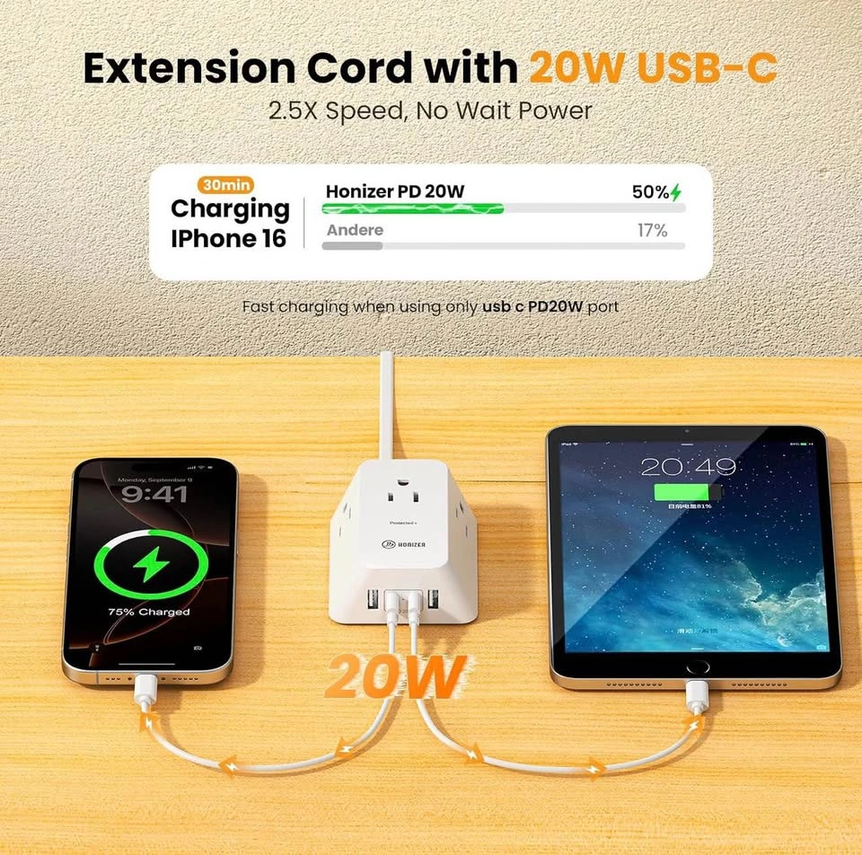 12FT Twin Flat Extension Cord USB C 20W - photo 4