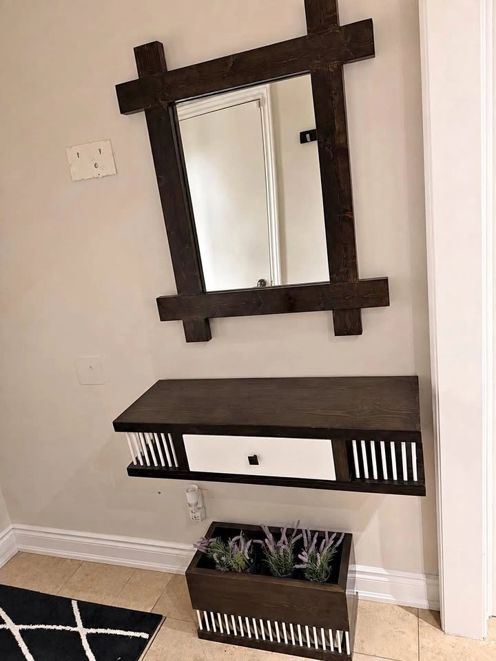 Handmade Rustic Floating Console Table and Mirror Set with plant