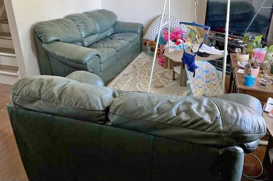 Green Leather Couch + Love seat set