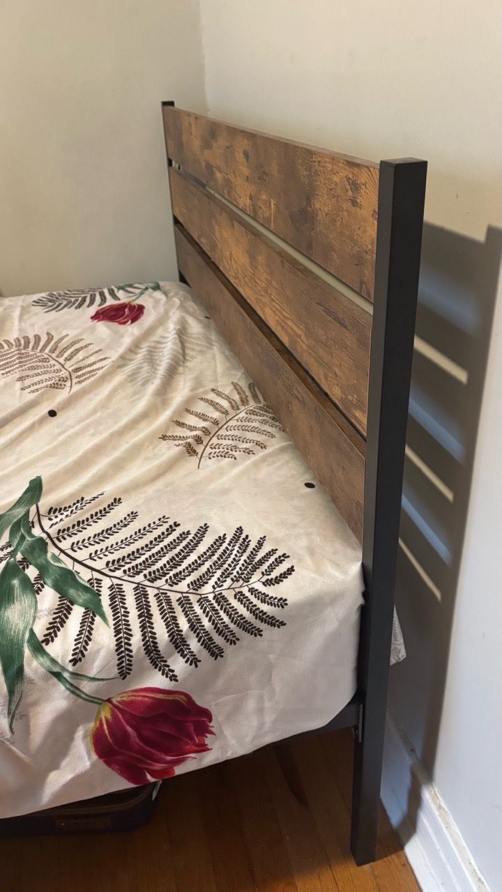 Queen Bed Frame + Mattress — Industrial Metal & Wood Headboard - photo 2