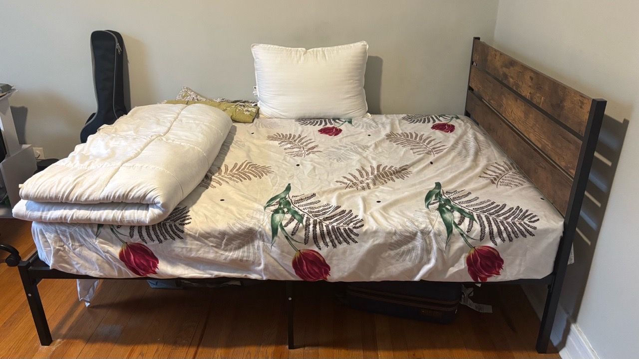 Queen Bed Frame + Mattress — Industrial Metal & Wood Headboard - photo 3
