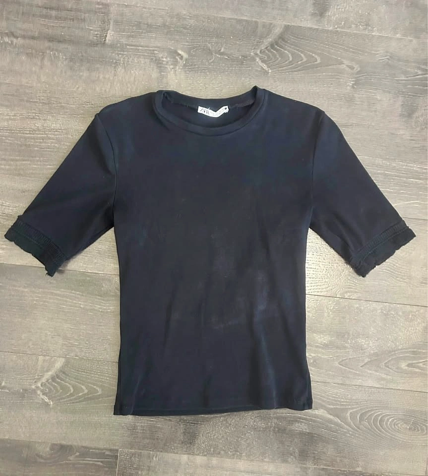 ZARA Black Ribbed Cuff Elbow Sleeve Crewneck Top / Size Small