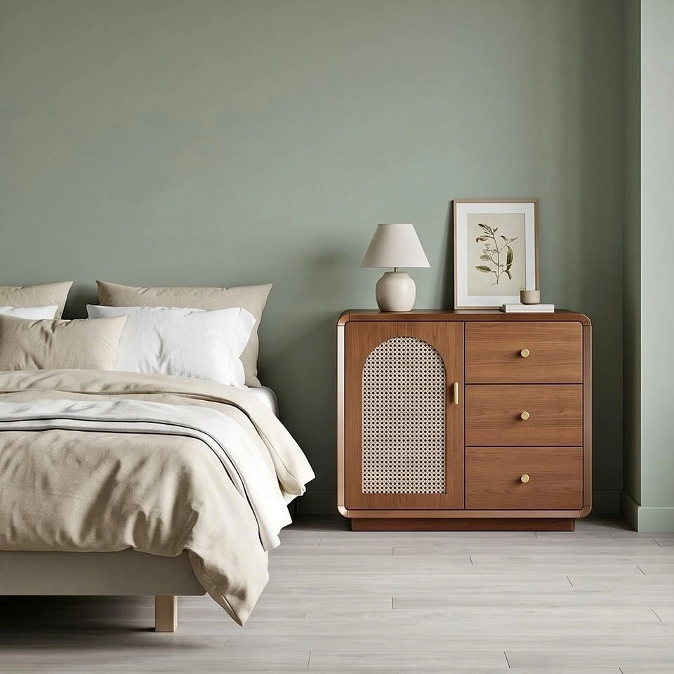 Modern Multi-Functional Storage Cabinet with Rattan Doors
