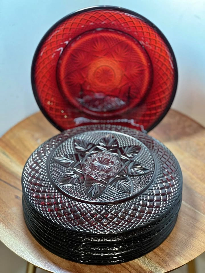 Set of 8 Vintage Cristal d'Arques Durand Ruby Red Glass Plates
