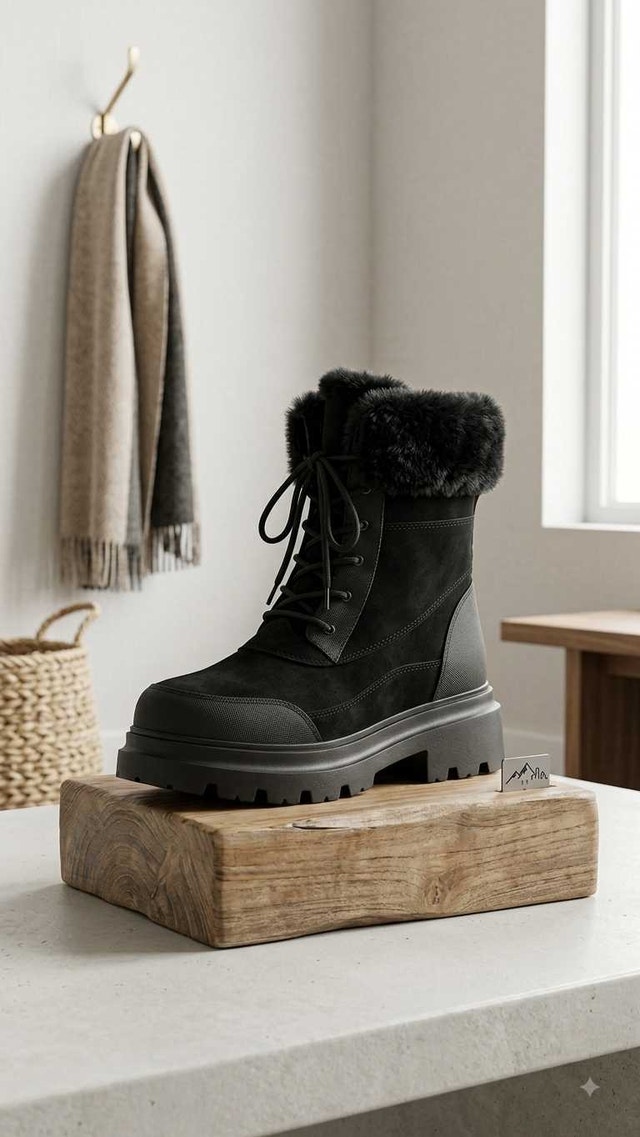 Women's Faux Fur-Trimmed Black Winter Utility Boots
