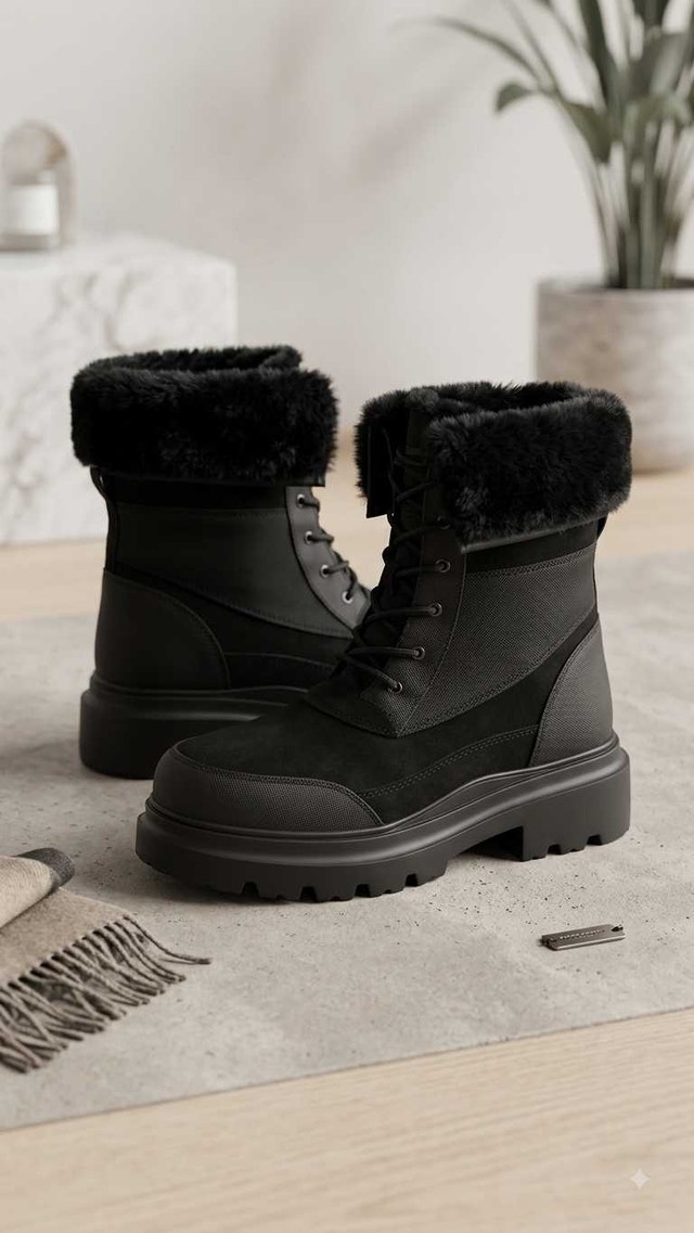Women's Faux Fur-Trimmed Black Winter Utility Boots - photo 2
