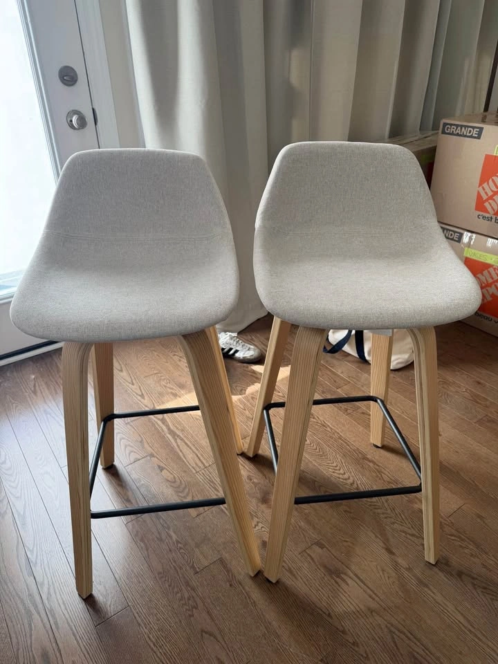 Set of 2 Fabric and Natural Wood Stool