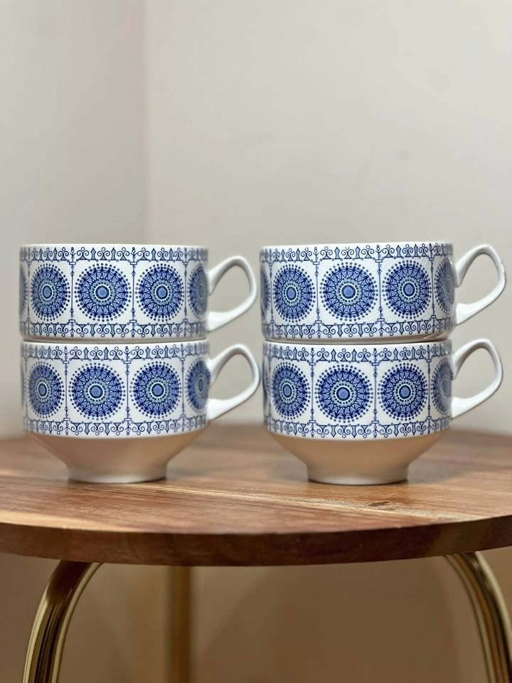 Set of 4 Pontesa "Chinamoda" Ironstone Blue Pattern Mugs