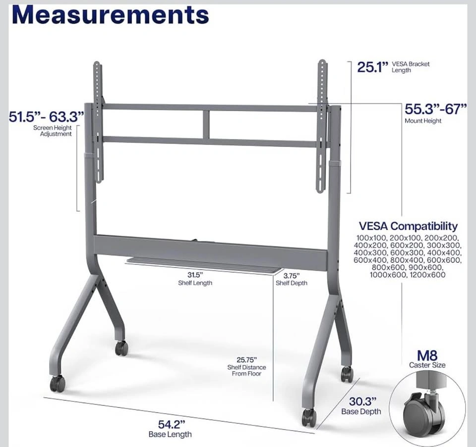 VIVO Gray Adjustable TV Cart for 60-110”Screens, STAND-M-TV110 - photo 5