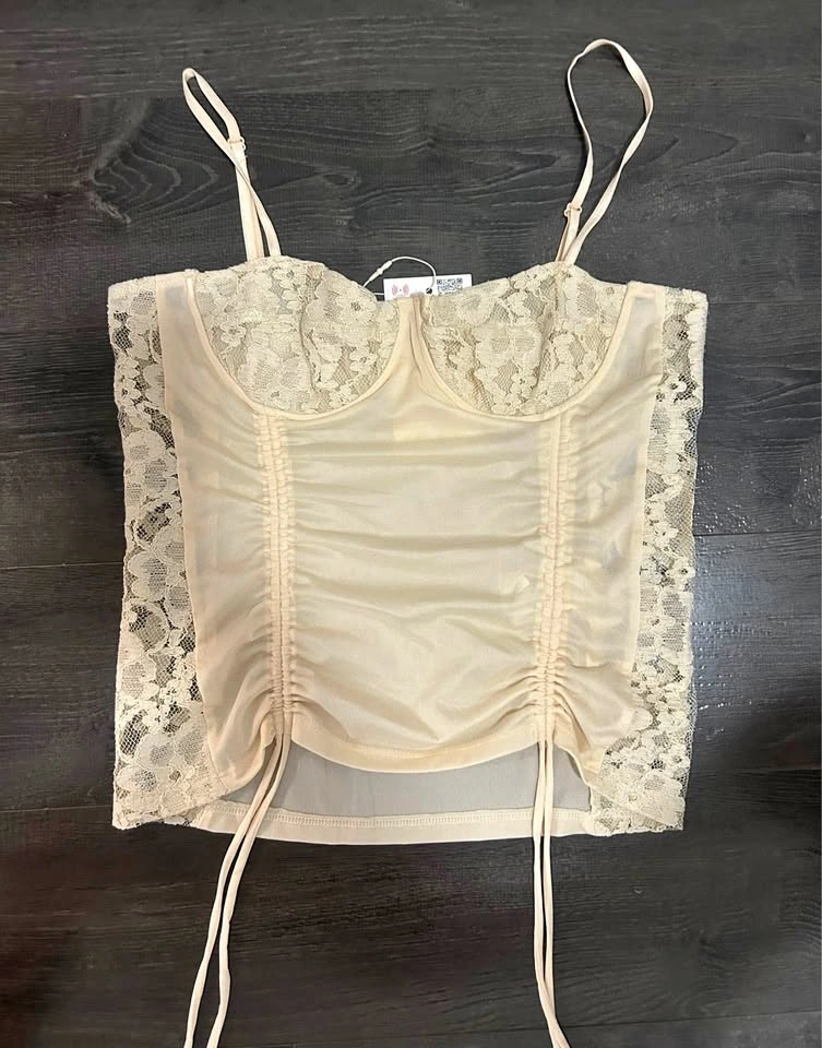 ZARA NWT Cream Ruched Lace Corset Top Mesh Y2K Size M