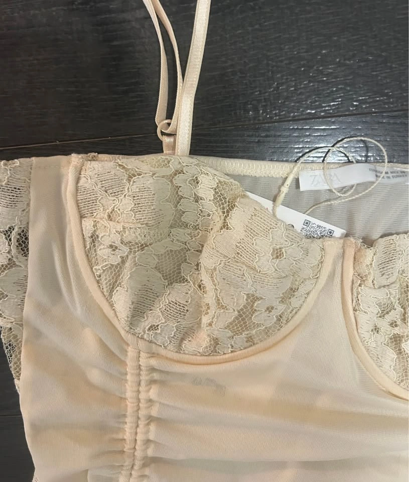 ZARA NWT Cream Ruched Lace Corset Top Mesh Y2K Size M - photo 3