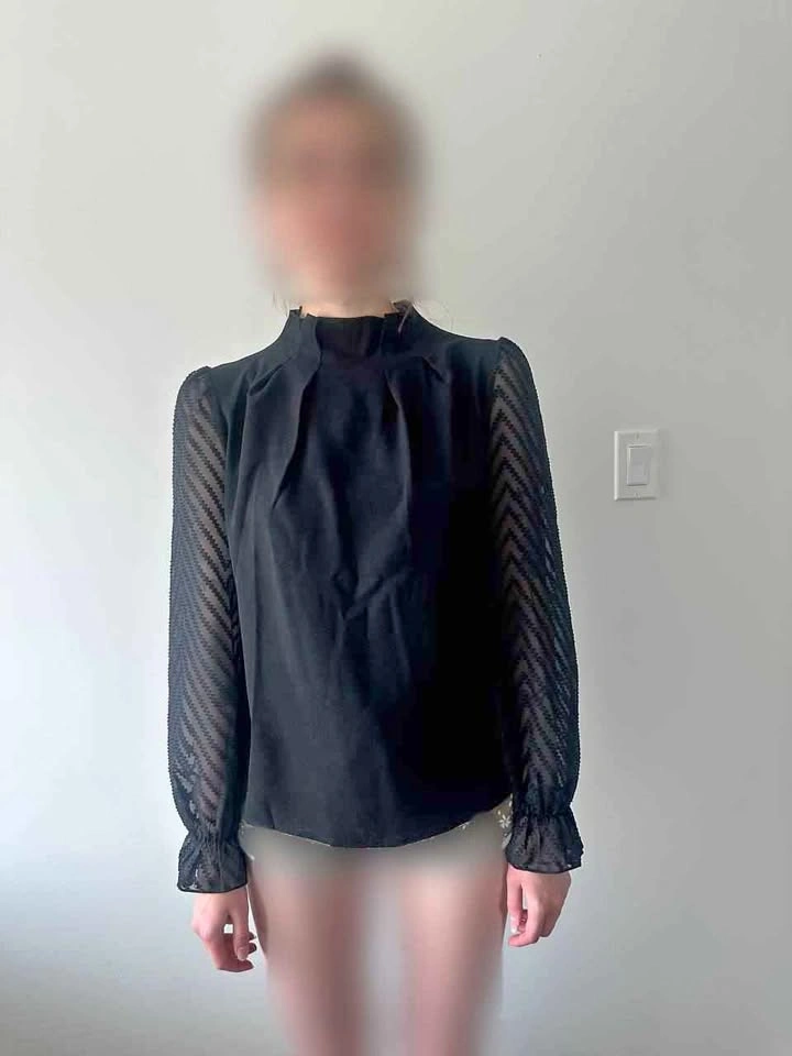 Black High Neck Blouse with Sheer Chevron Sleeves