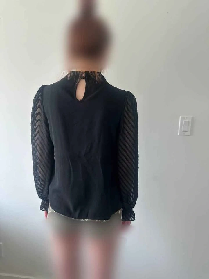 Black High Neck Blouse with Sheer Chevron Sleeves - photo 2